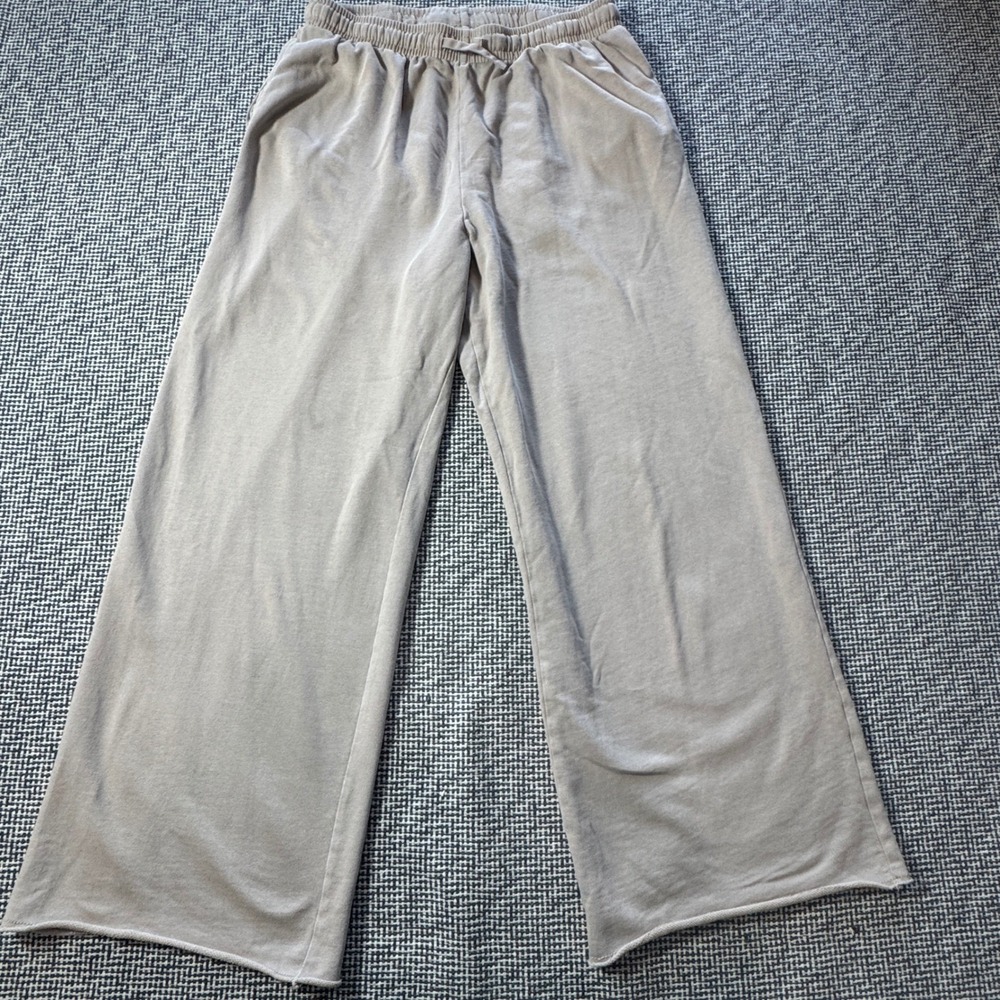 Womens Taupe Wide Leg Lounge Pants Elastic Drawstring Waist Raw Hem S/M